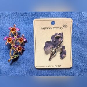 Brand New Purple & Silver Orchid Brooch & Purple Cluster Flowers On Gold Tone